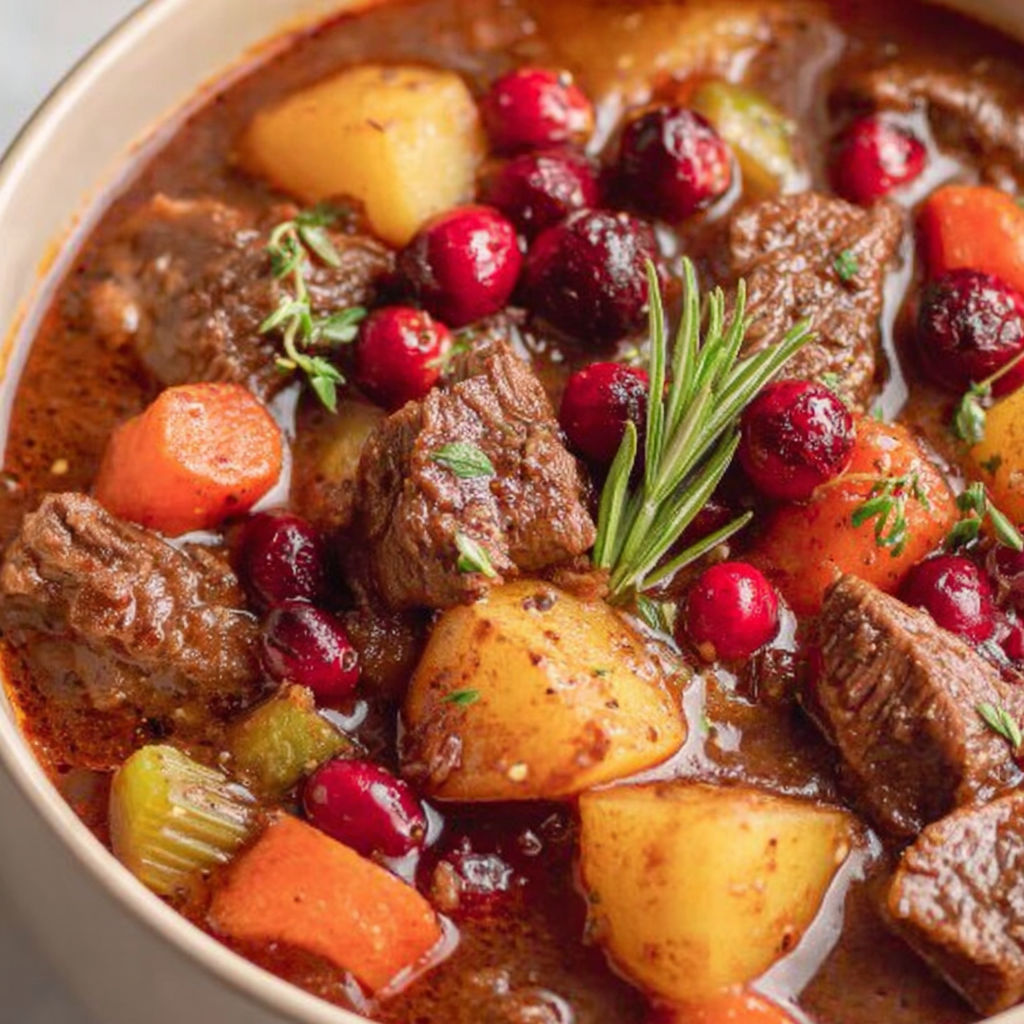 A bowl of beef stew with potatoes and cranberries.