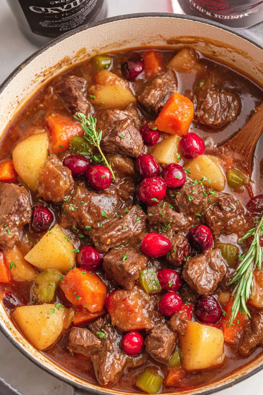 A bowl of beef stew with cranberries and apples.