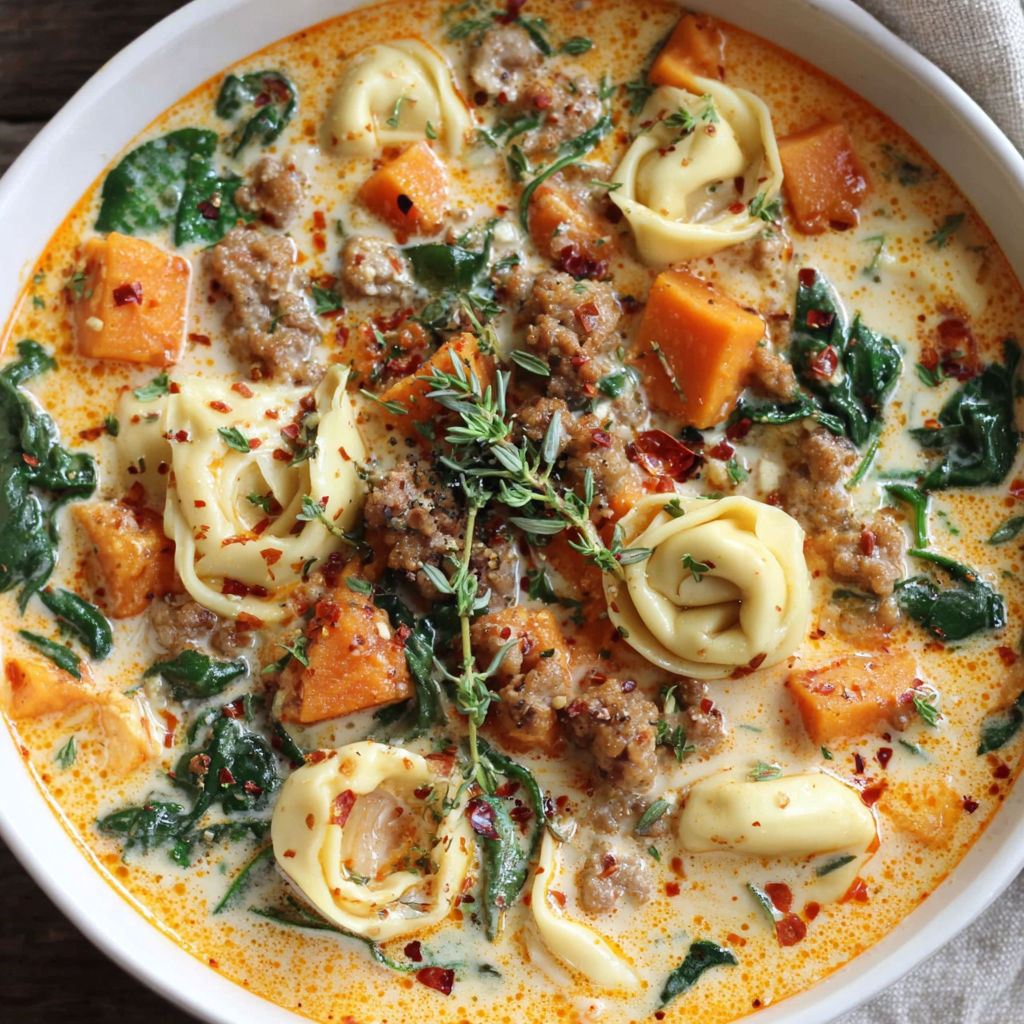 A bowl of creamy sausage tortellini soup.