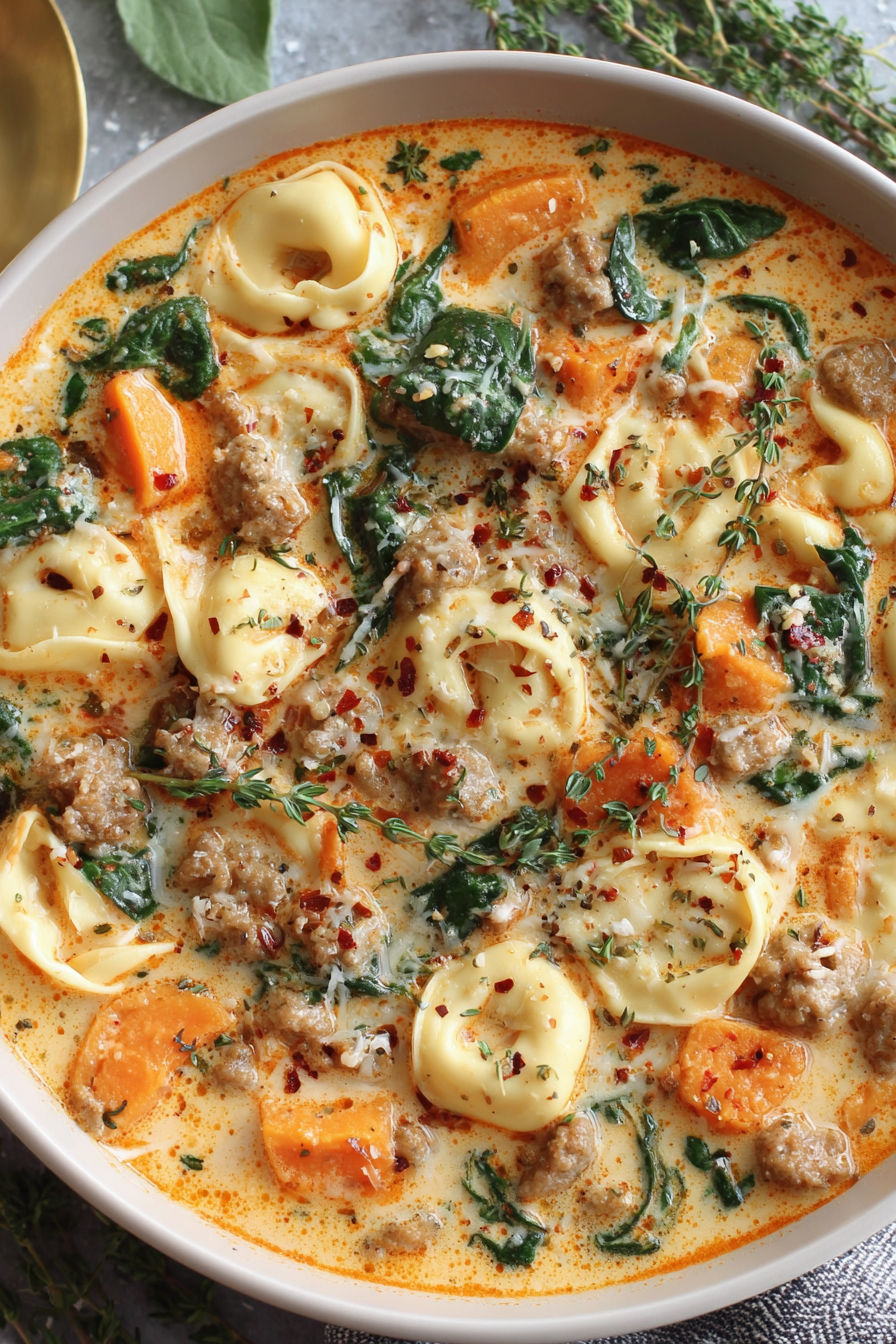 A bowl of creamy sausage tortellini soup.