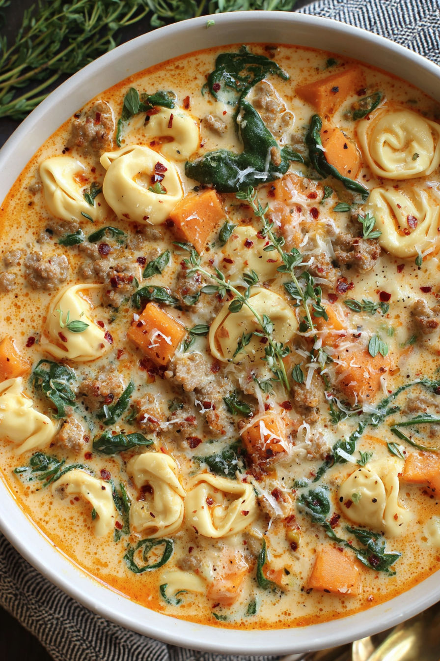 A bowl of creamy sausage tortellini soup.