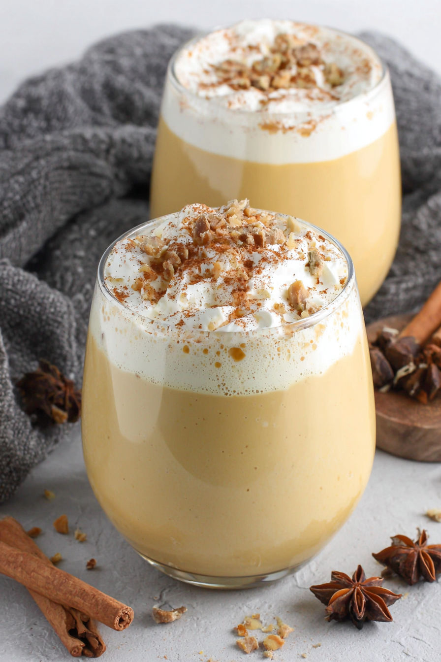 Two glasses of pumpkin spice eggnog.