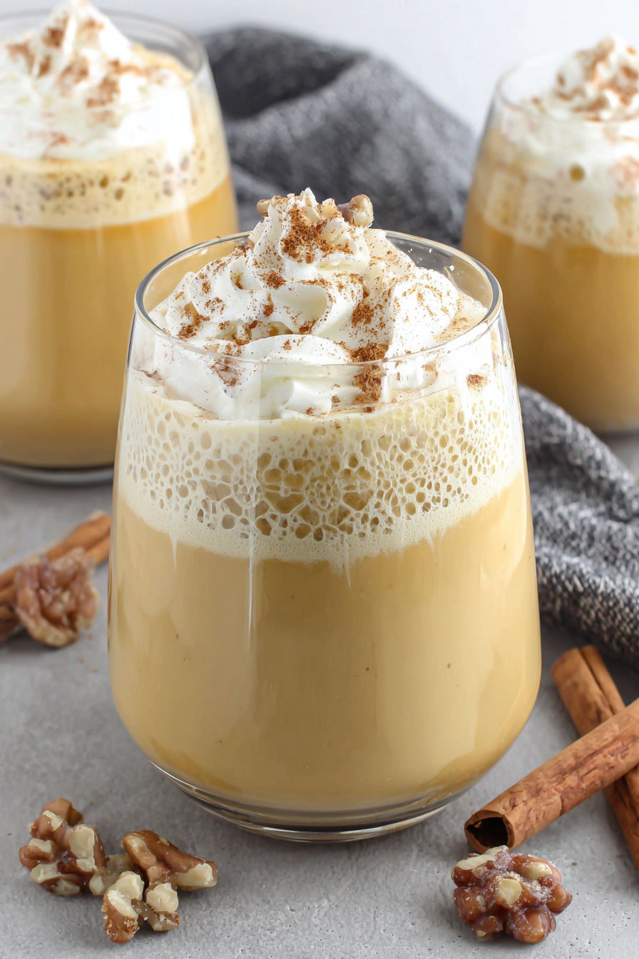 A glass of pumpkin spice eggnog with whipped cream on top.