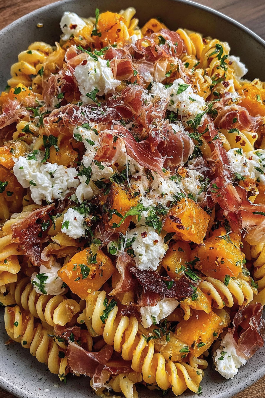 A dish of pasta salad with pumpkin, goat cheese, and crispy prosciutto.