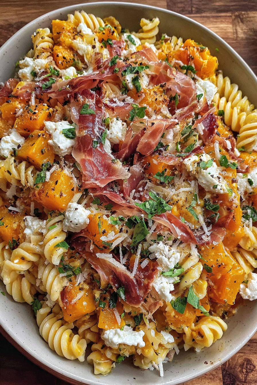 A bowl of pasta salad with pumpkin, goat cheese, and crispy prosciutto.