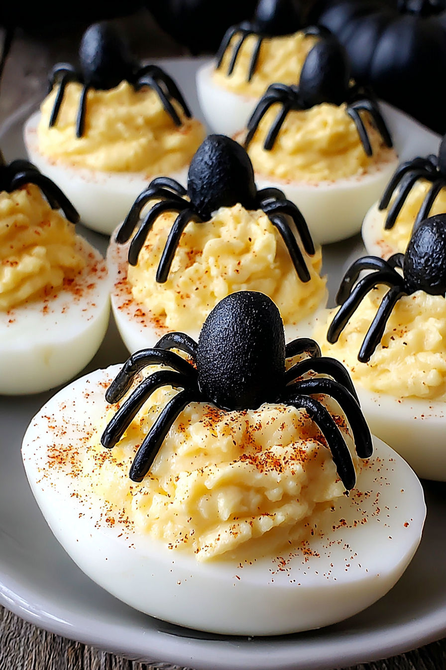 A plate of eggs with black spiders on top.