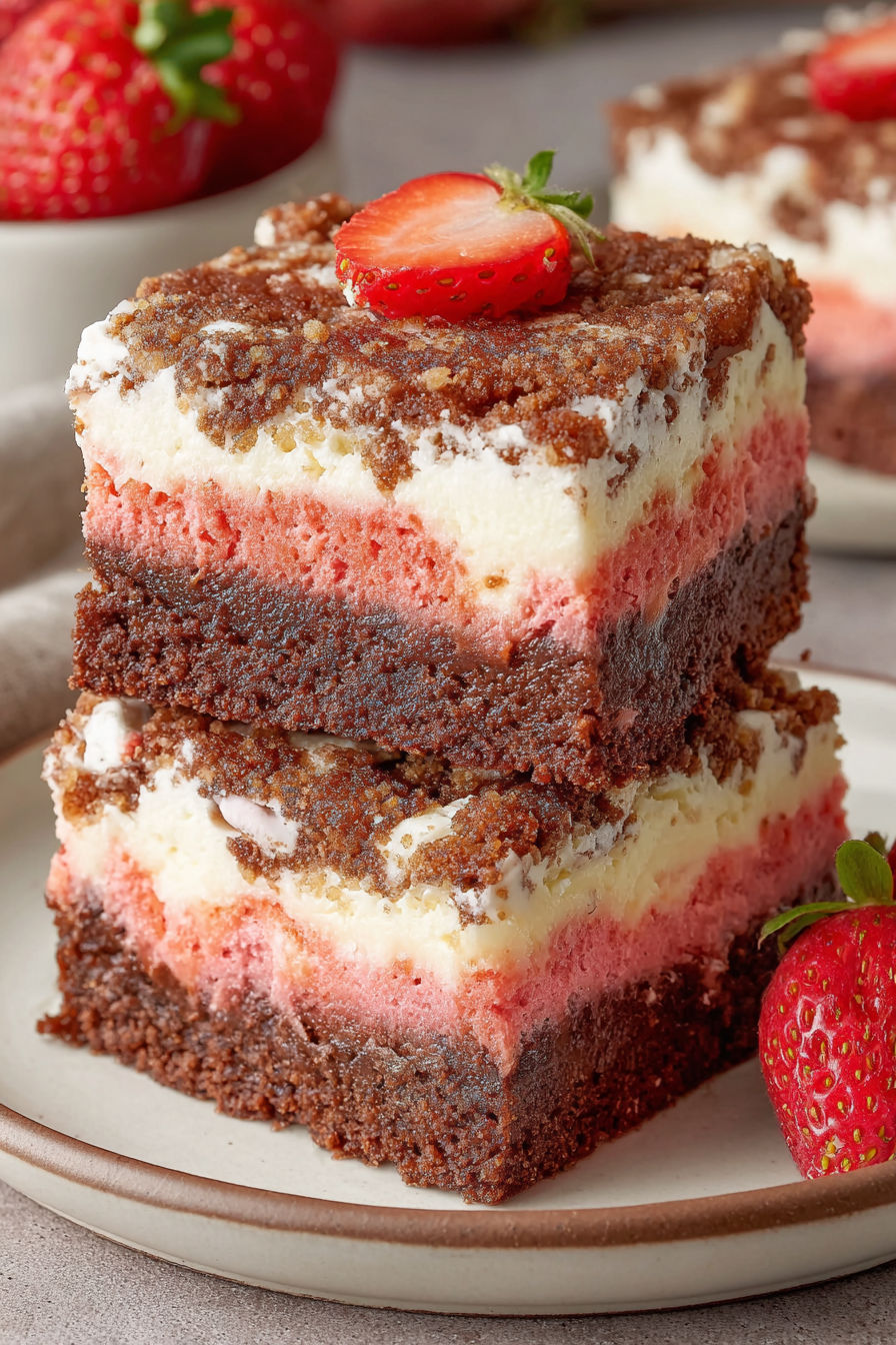 A slice of strawberry crunch brownies bar.