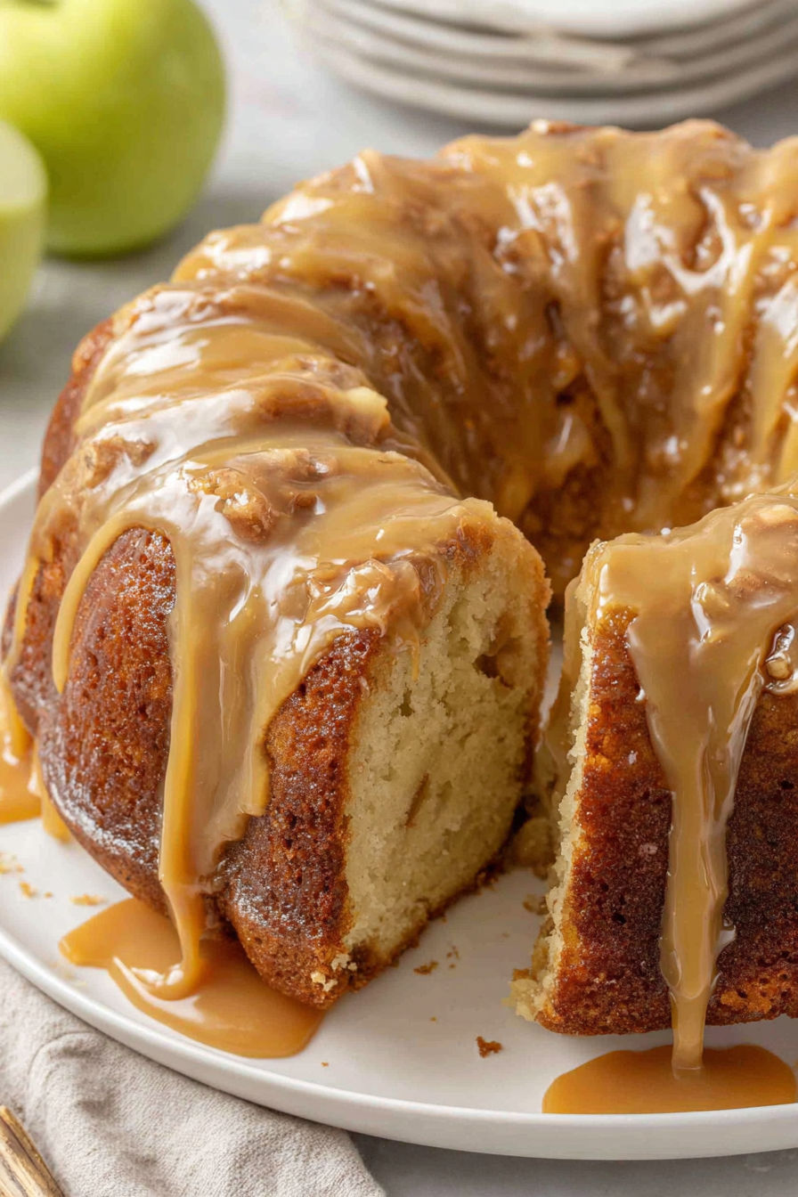 A slice of apple bundt cake with caramel sauce.
