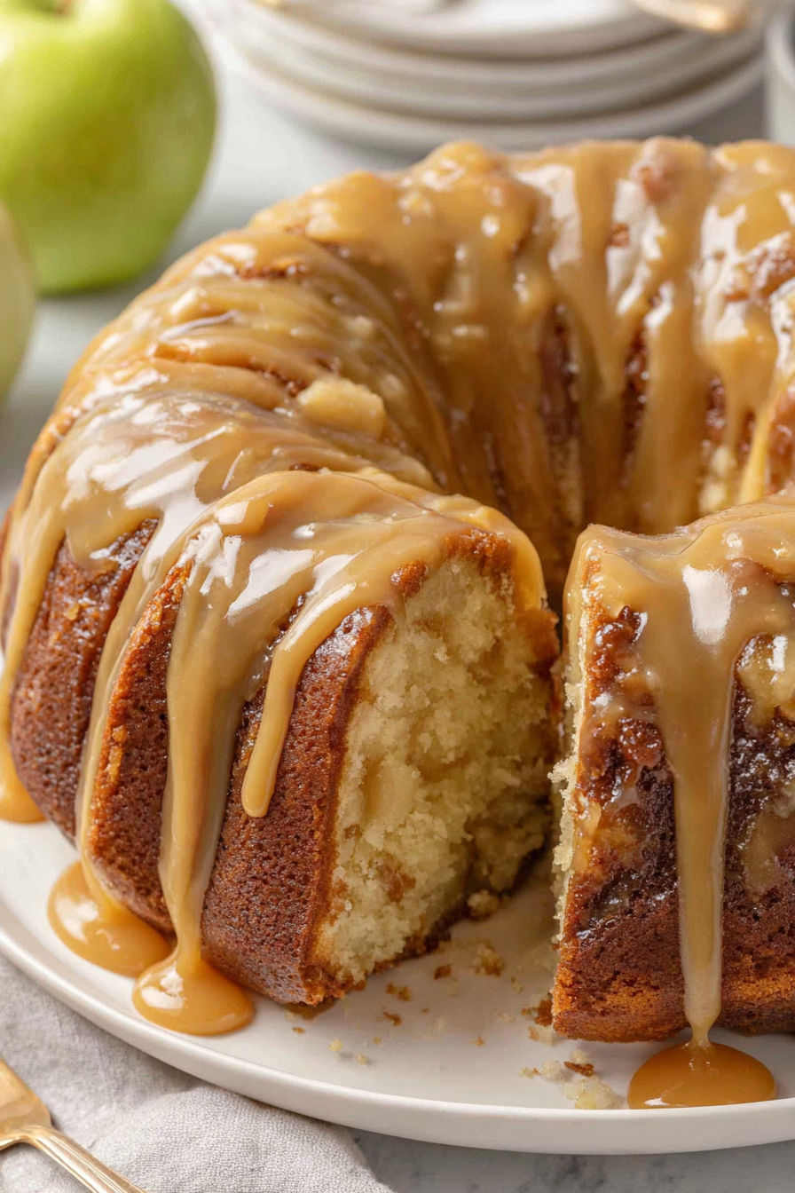 A slice of apple bundt cake with caramel sauce.