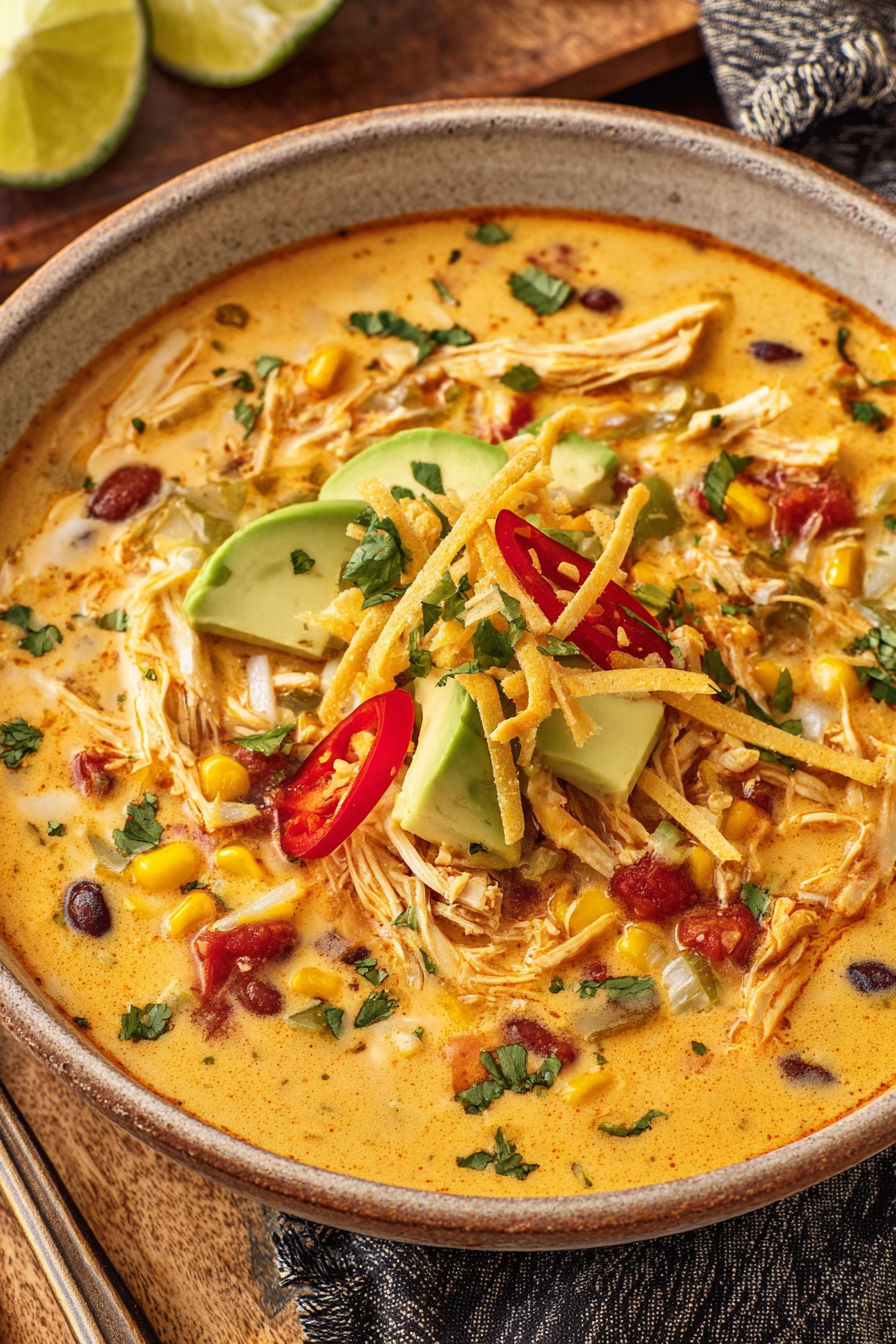 A bowl of soup with chicken, corn, and avocado.