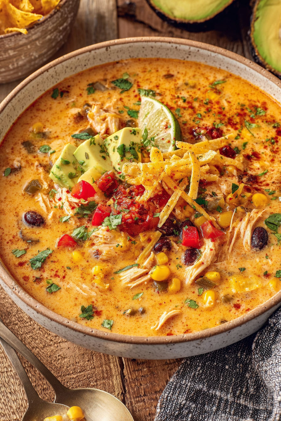 A bowl of soup with chicken, corn, and lime.