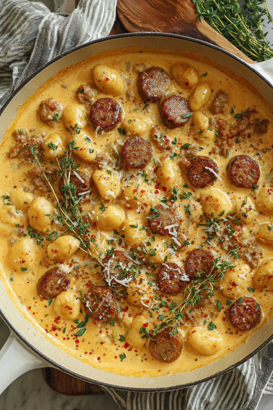A dish of creamy butternut squash gnocchi with sausage, thyme, and sage.