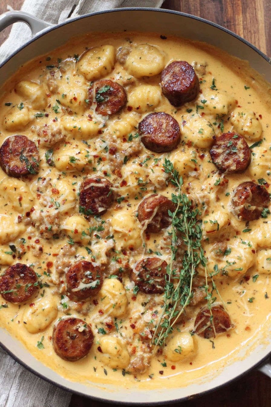 A creamy butternut squash gnocchi dish with sausage, thyme, and sage.