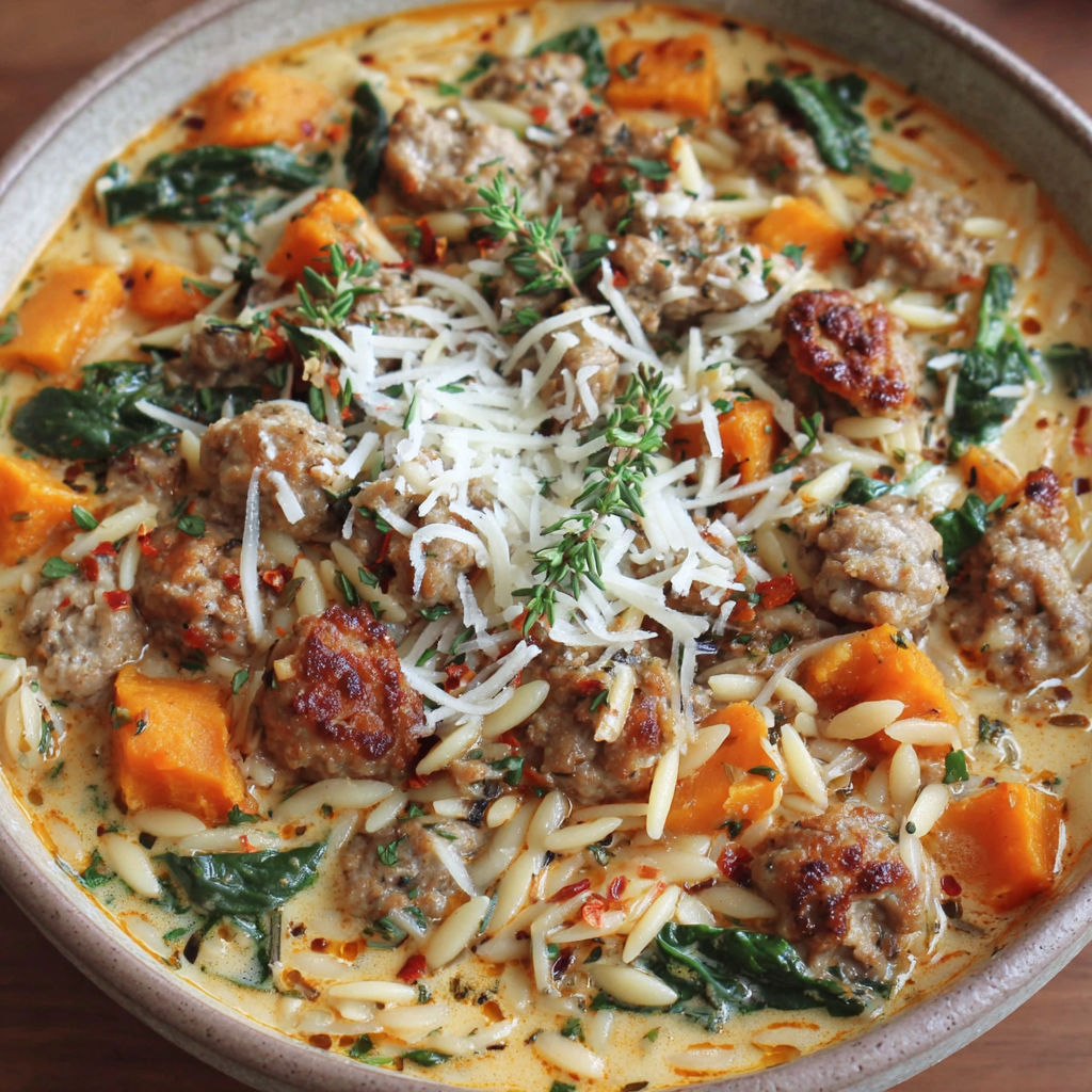 A bowl of creamy butternut squash and sausage soup.