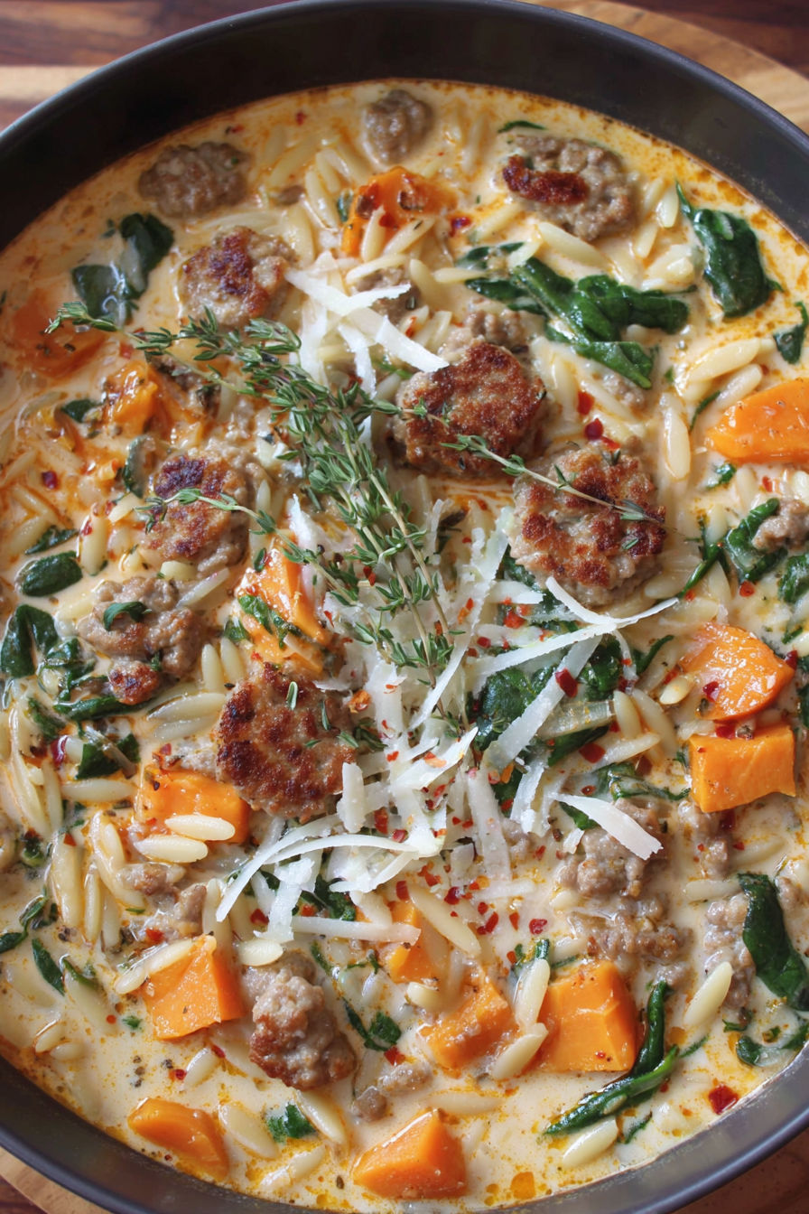 A close up of a dish with pasta, meat, and vegetables.