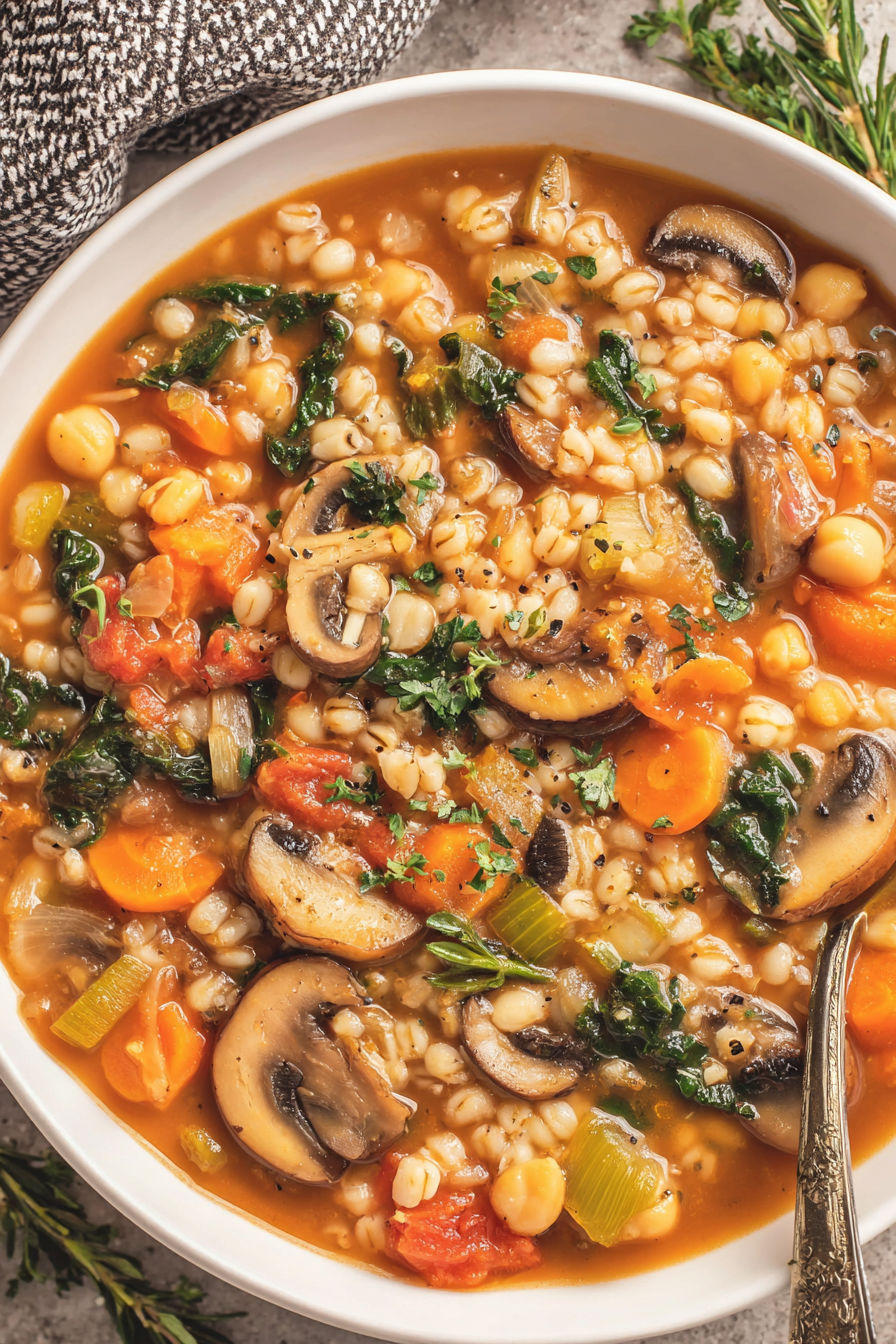 A bowl of vegetable barley soup.
