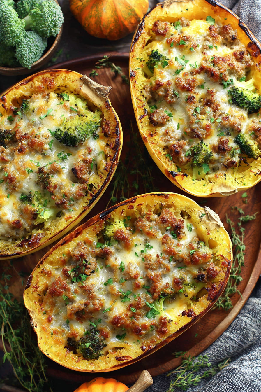 A stuffed spaghetti squash with broccoli on top.