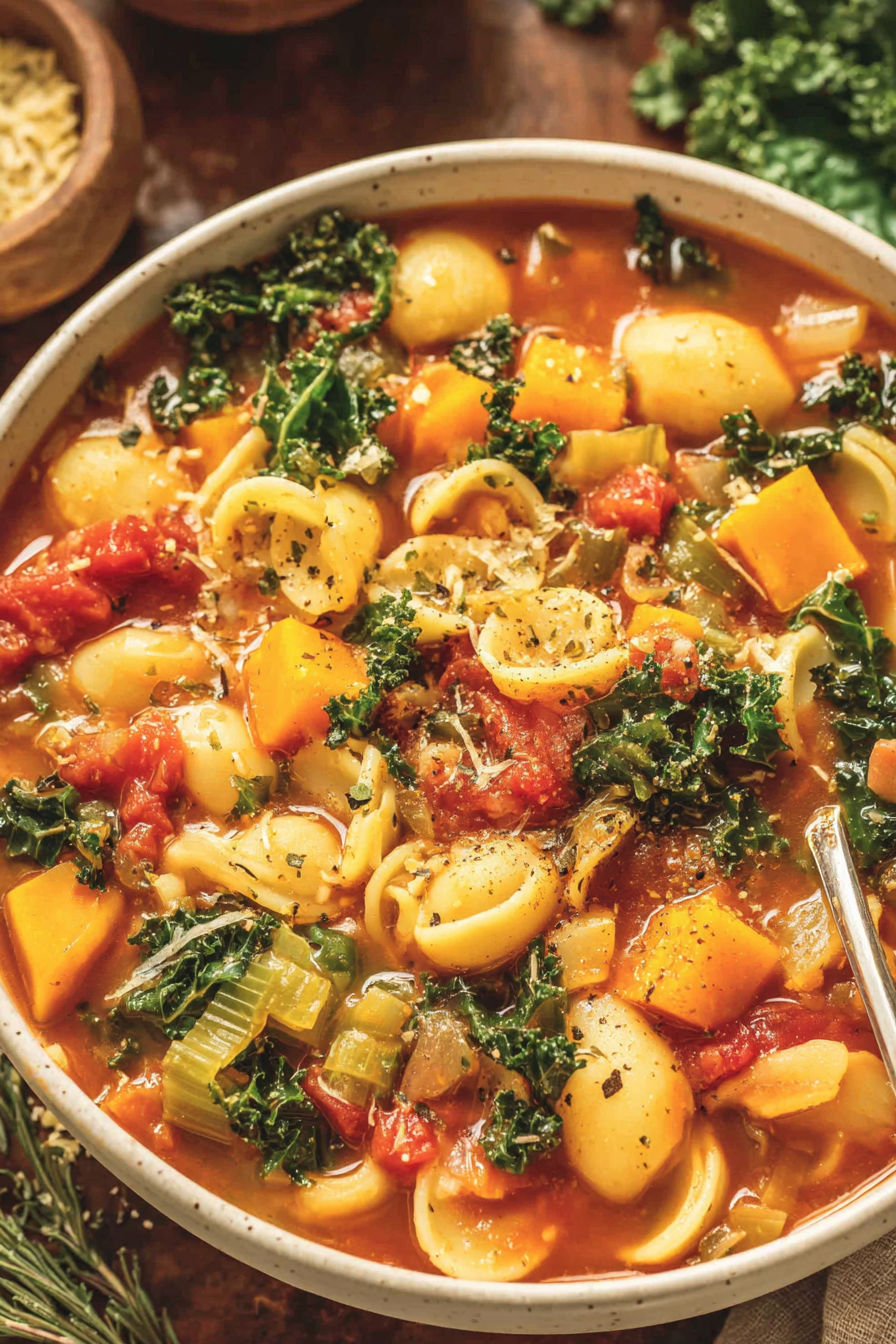 A bowl of soup with butternut squash and kale.