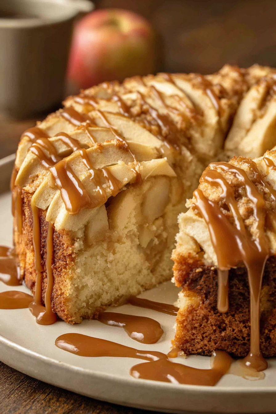 A slice of German apple cake with caramel sauce drizzled on top.