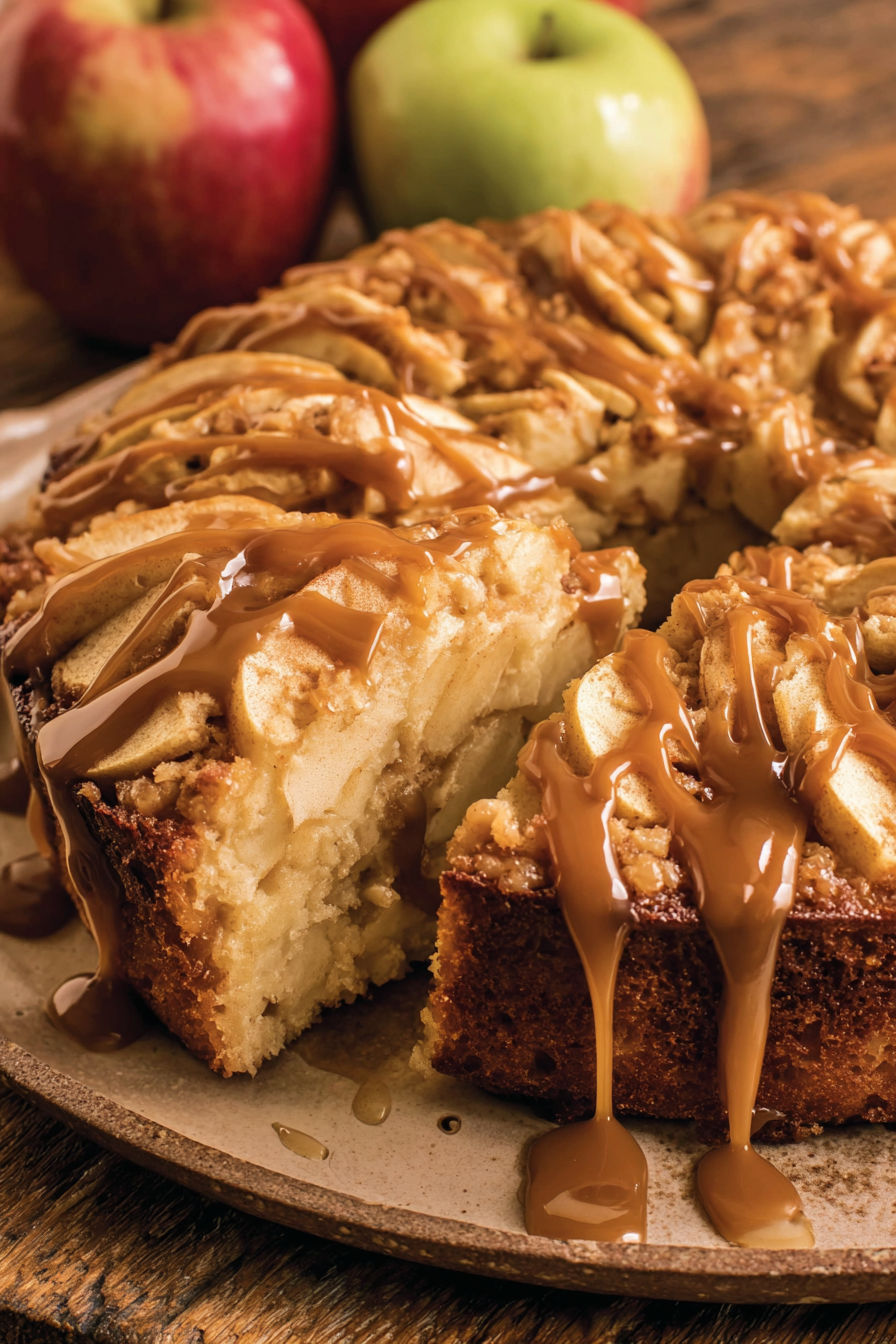A slice of German apple cake with caramel sauce drizzled on top.