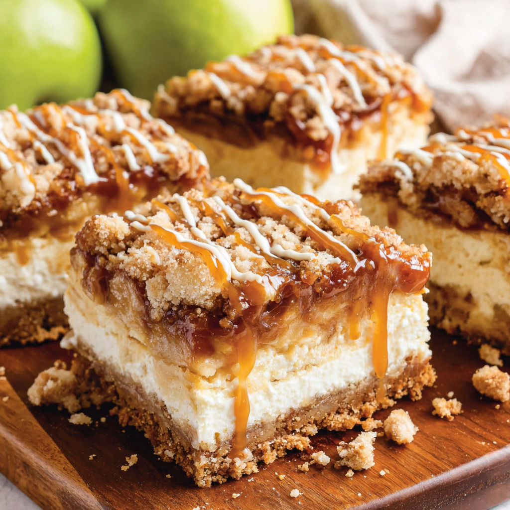 A slice of caramel apple cheesecake bars.