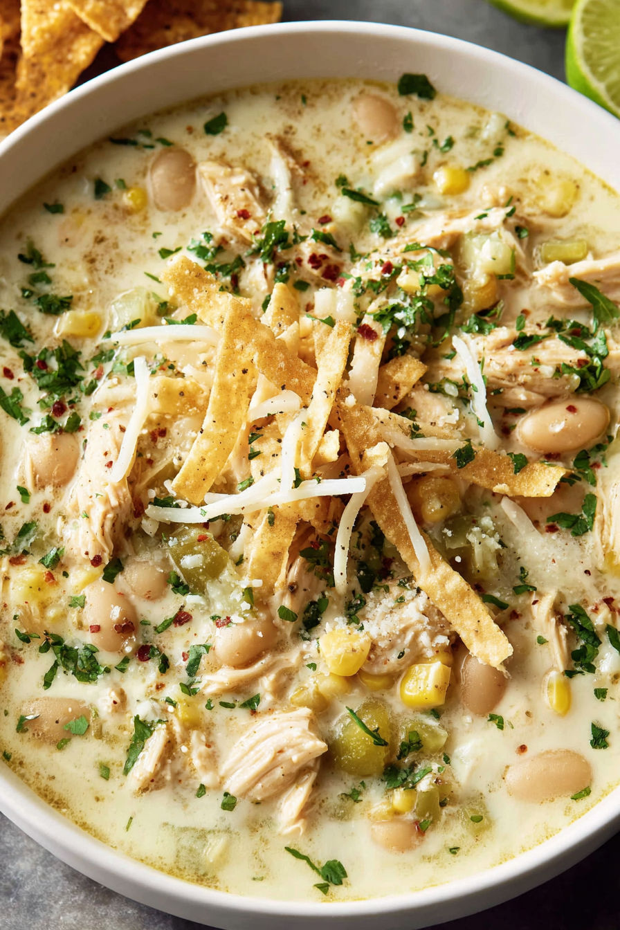 A bowl of soup with chicken, corn, and beans.