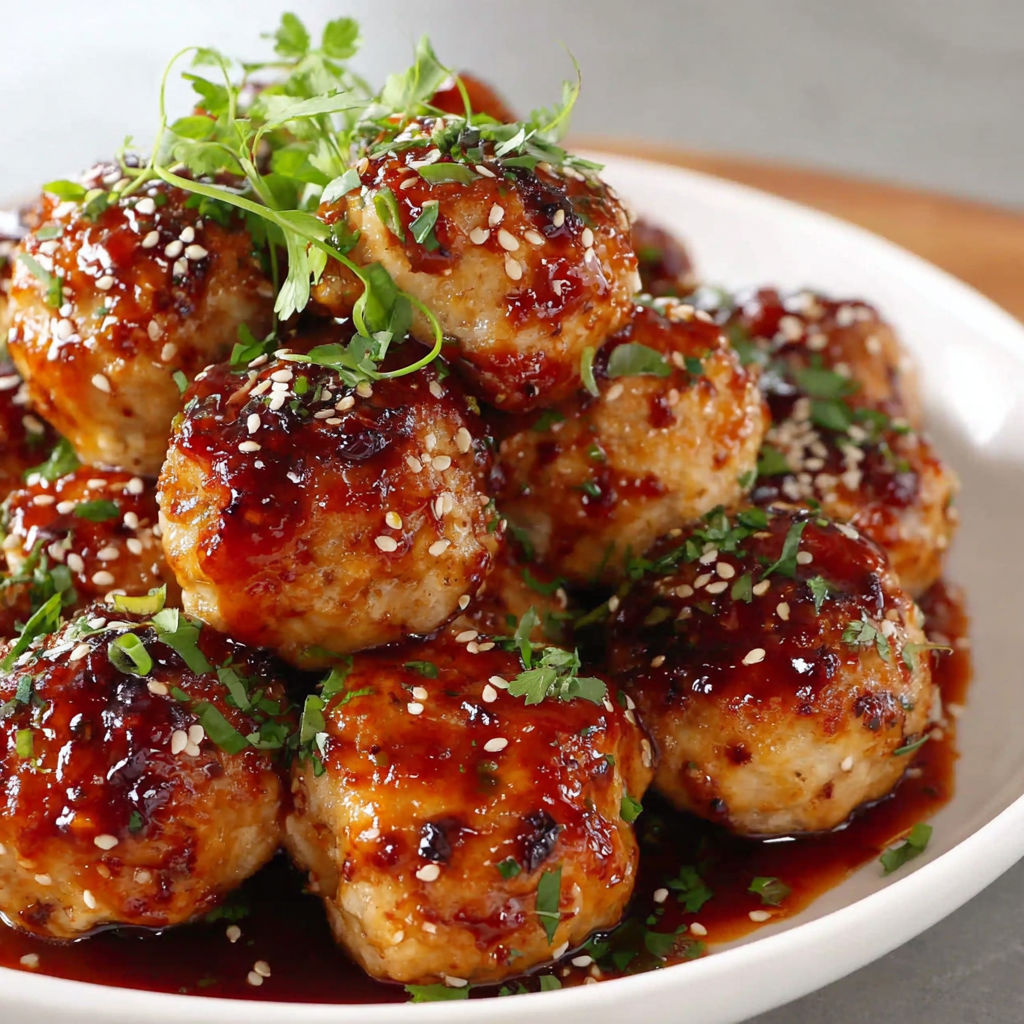 A plate of meatballs with a sweet chili glaze.