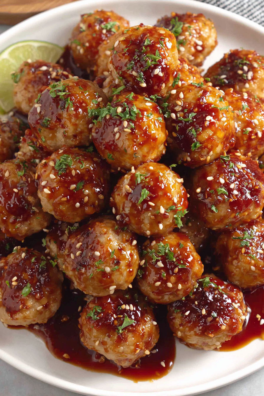 A close up of meatballs with a sweet chili glaze.