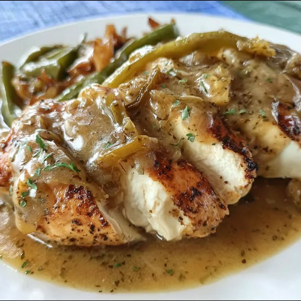 A plate of Mississippi chicken with green beans and peppers.