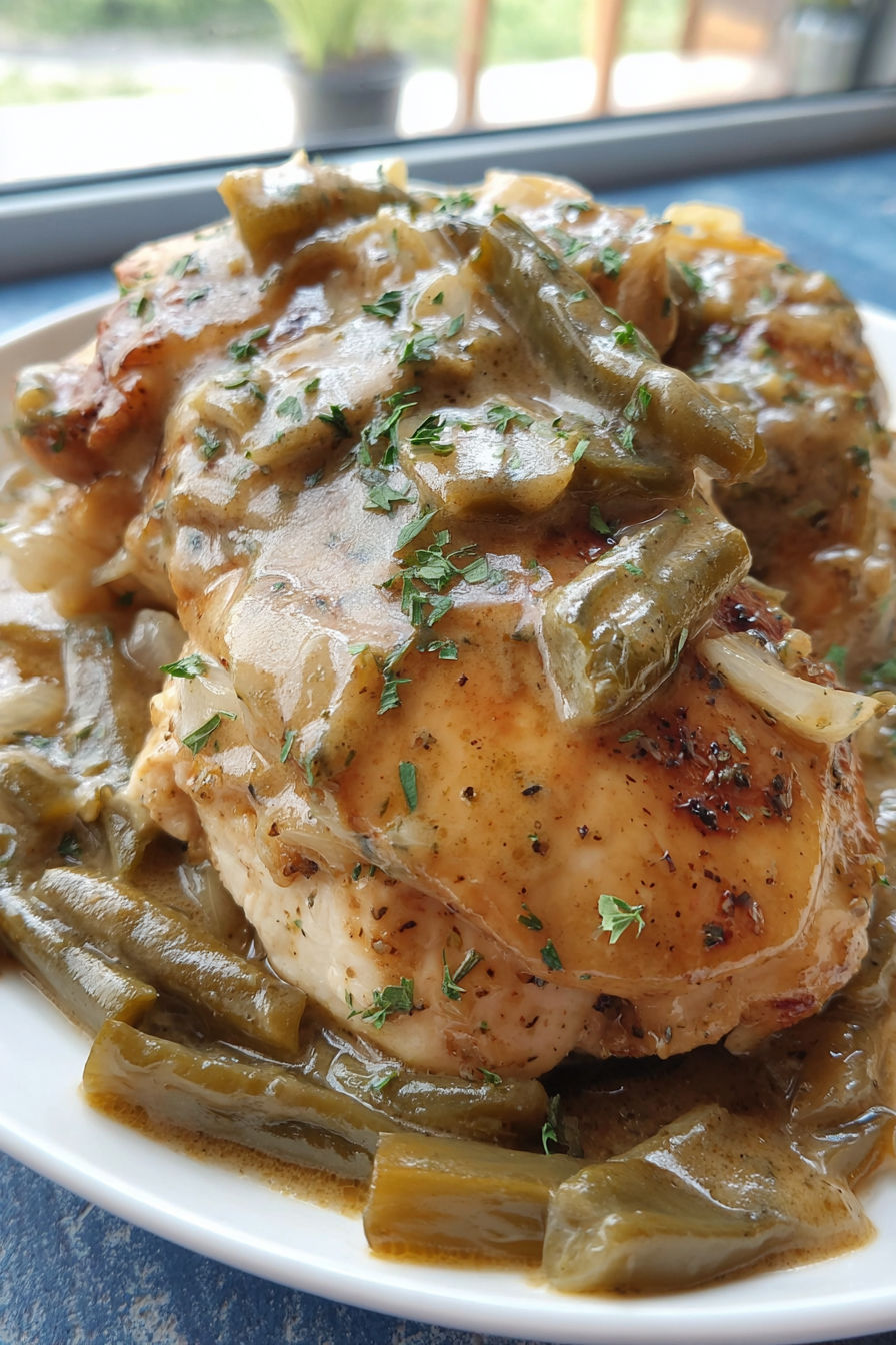 A plate of Mississippi chicken with onions and green beans.