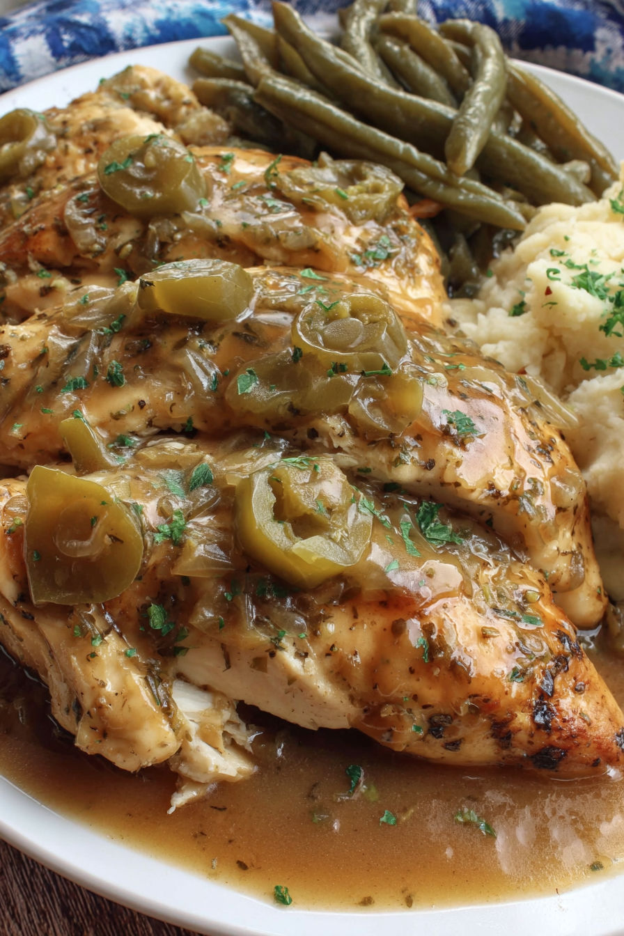 A plate of Mississippi chicken with green peppers and potatoes.