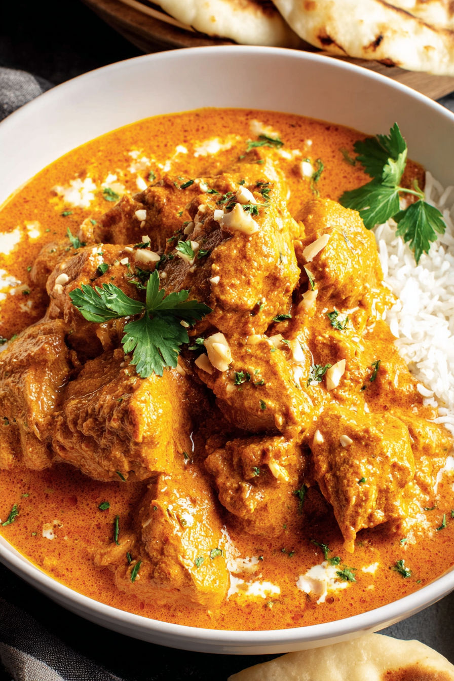 A bowl of slow cooker chicken korma.