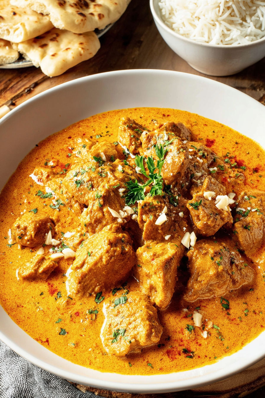 A bowl of slow cooker chicken korma.