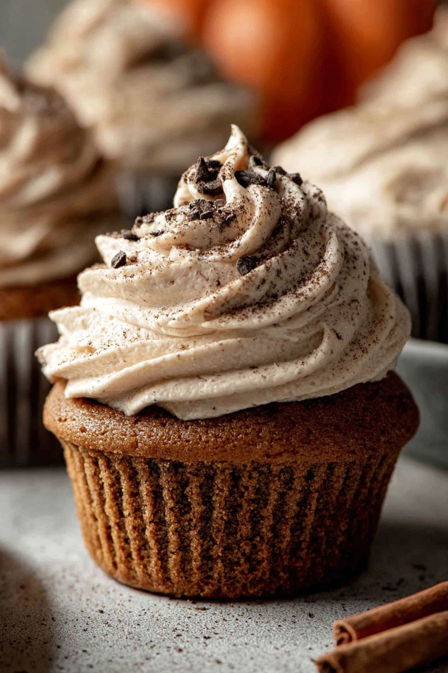 A cupcake with white frosting and chocolate sprinkles.