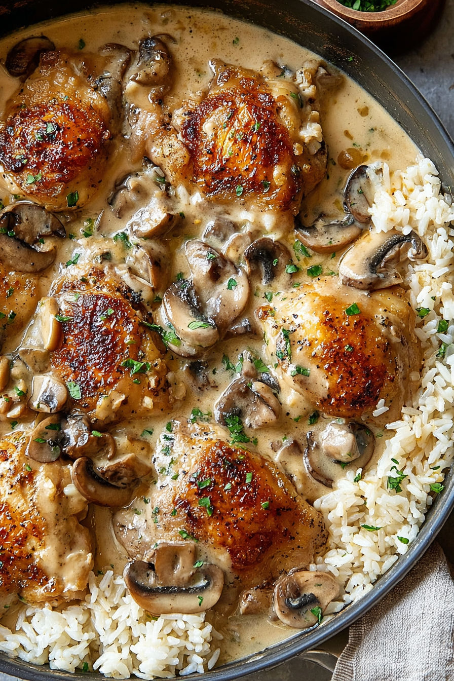 A dish of smothered chicken and rice.