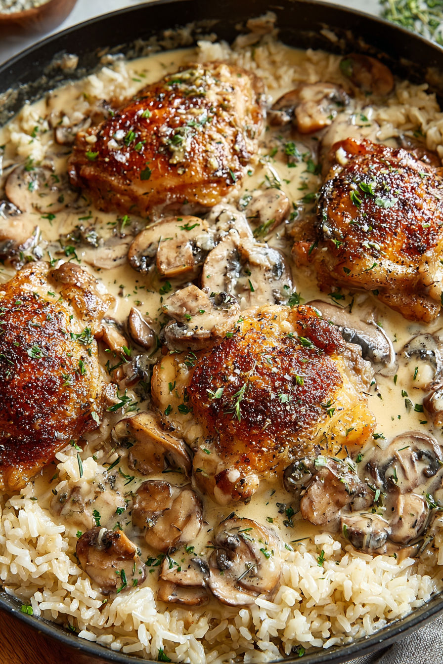 A plate of smothered chicken and rice.