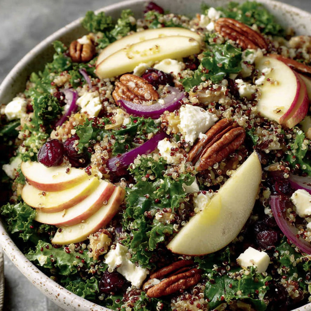 A bowl of a salad with cranberries, apples, and quinoa.