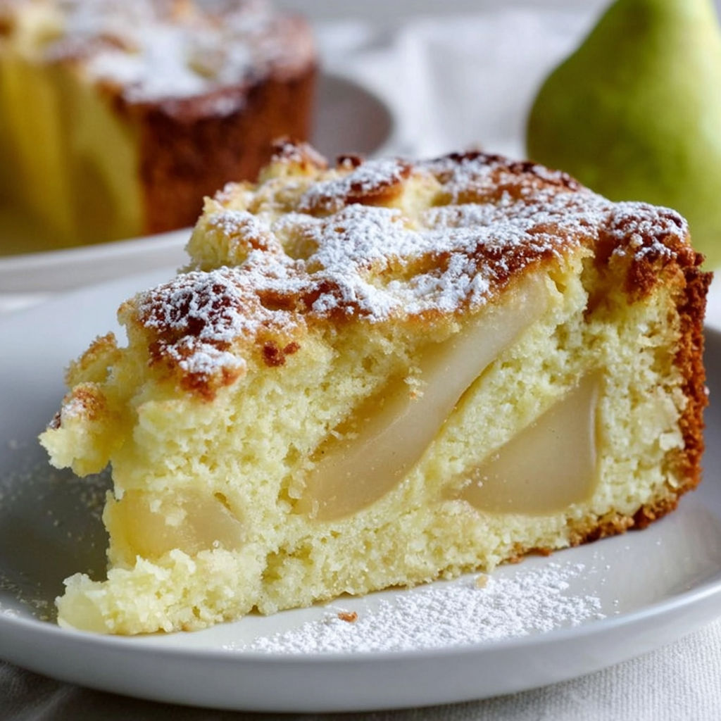 A slice of Italian pear cake on a plate.