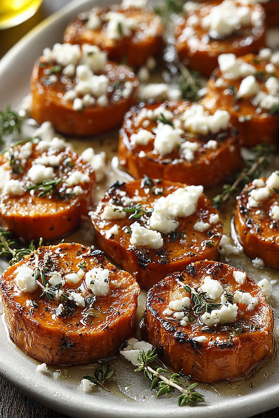 Sweet potato bites with honey and feta.