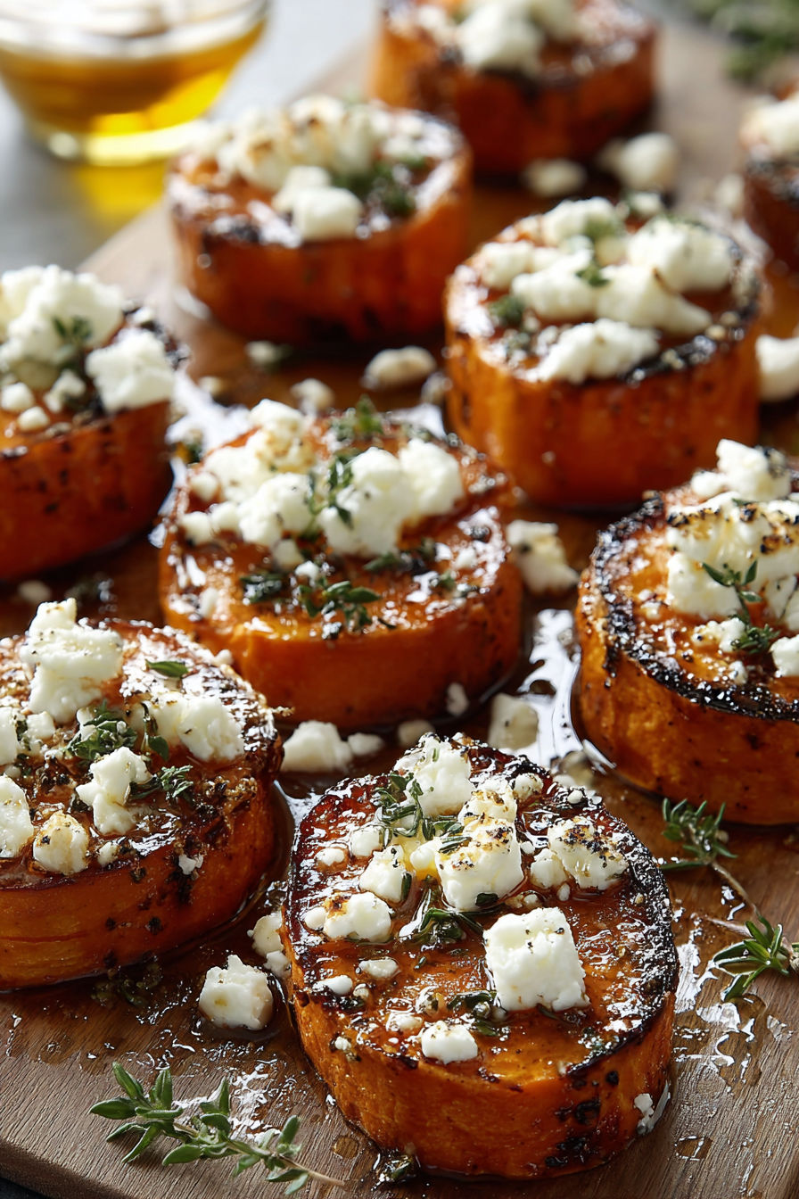 Sweet potato bites with honey and feta.