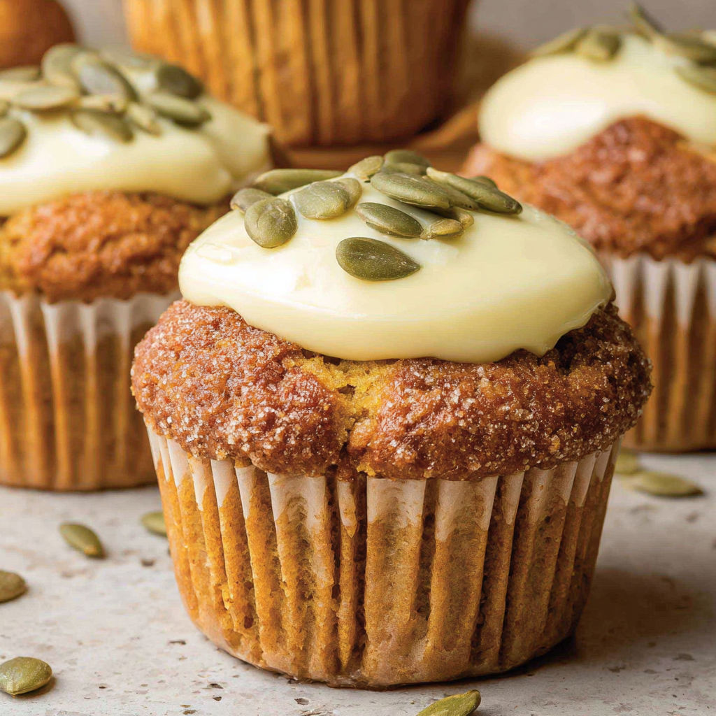 Pumpkin Cream Cheese Muffins with a white frosting.