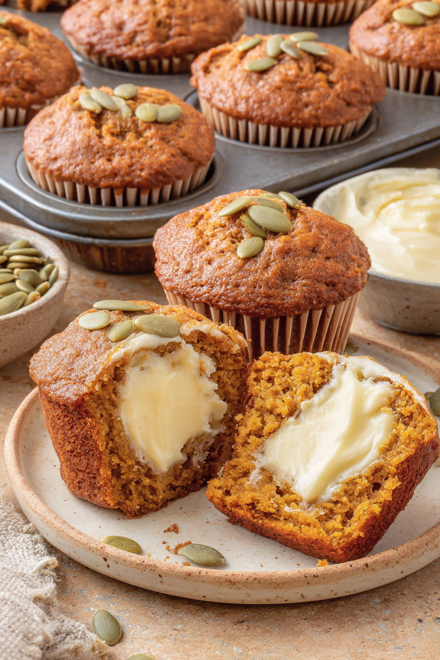 A plate of pumpkin cream cheese muffins.