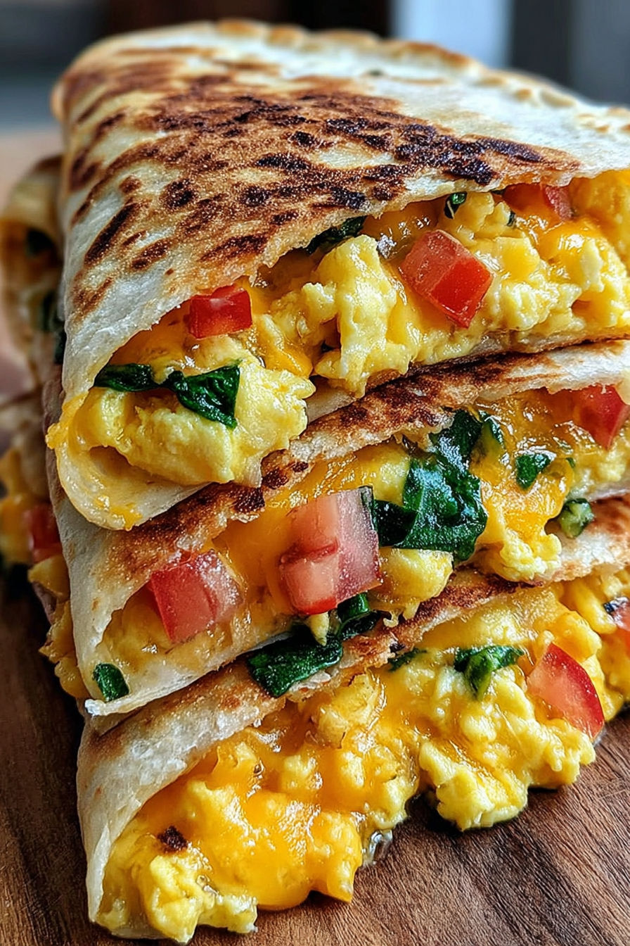 A stack of quesadillas with eggs and tomatoes.