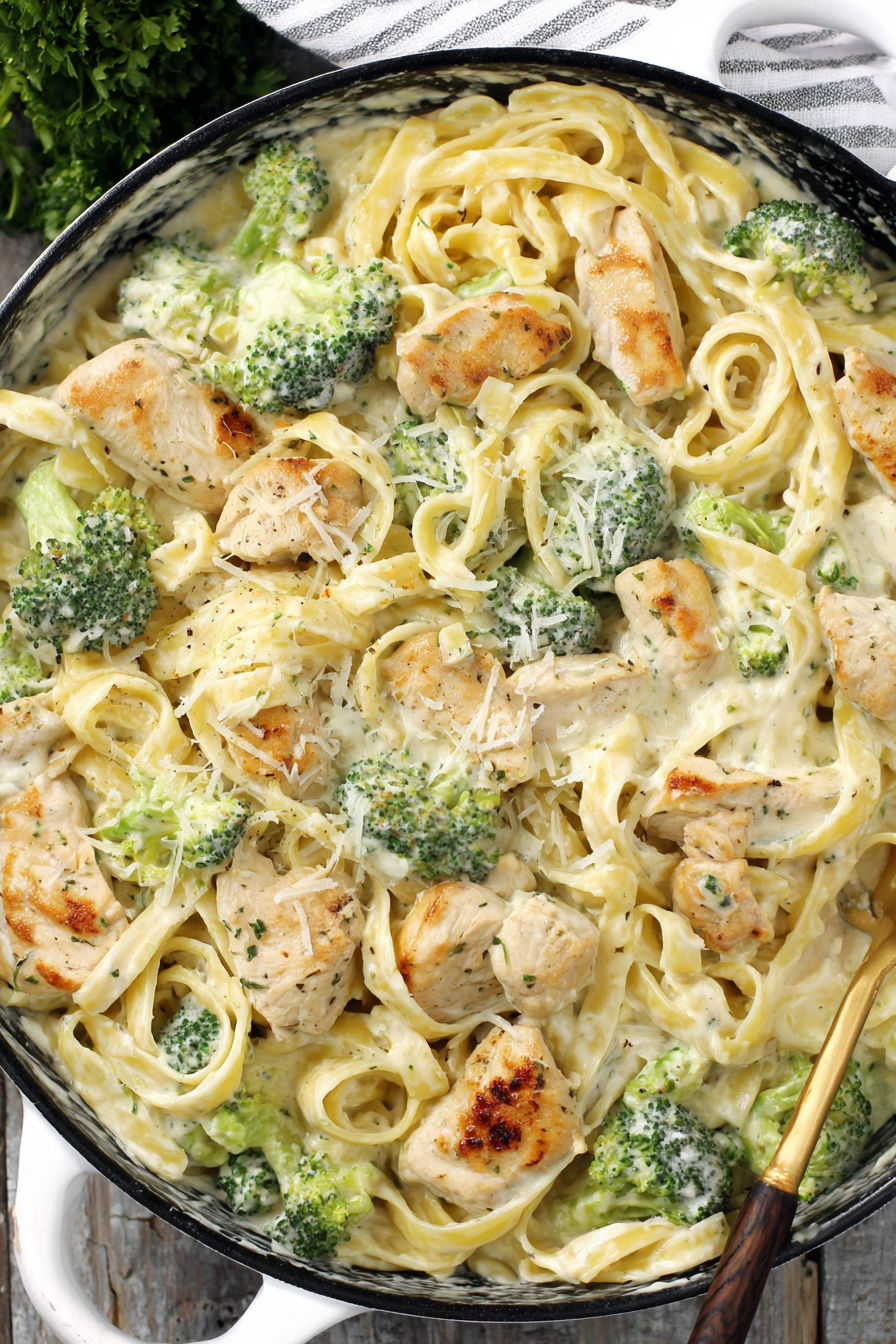 A dish of chicken, broccoli and pasta.