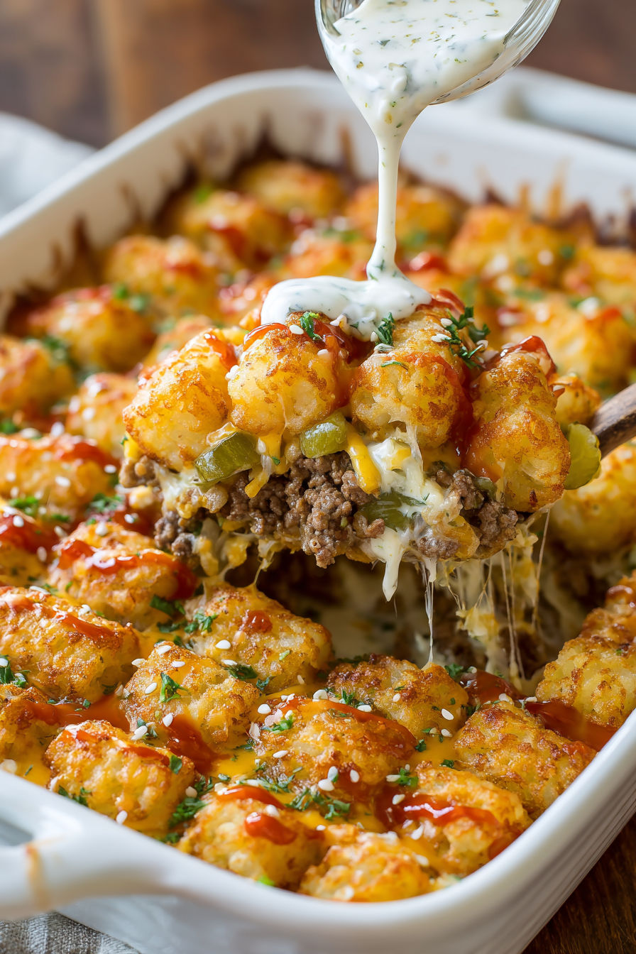 A close up of a Big Mac Tater Tot Casserole.