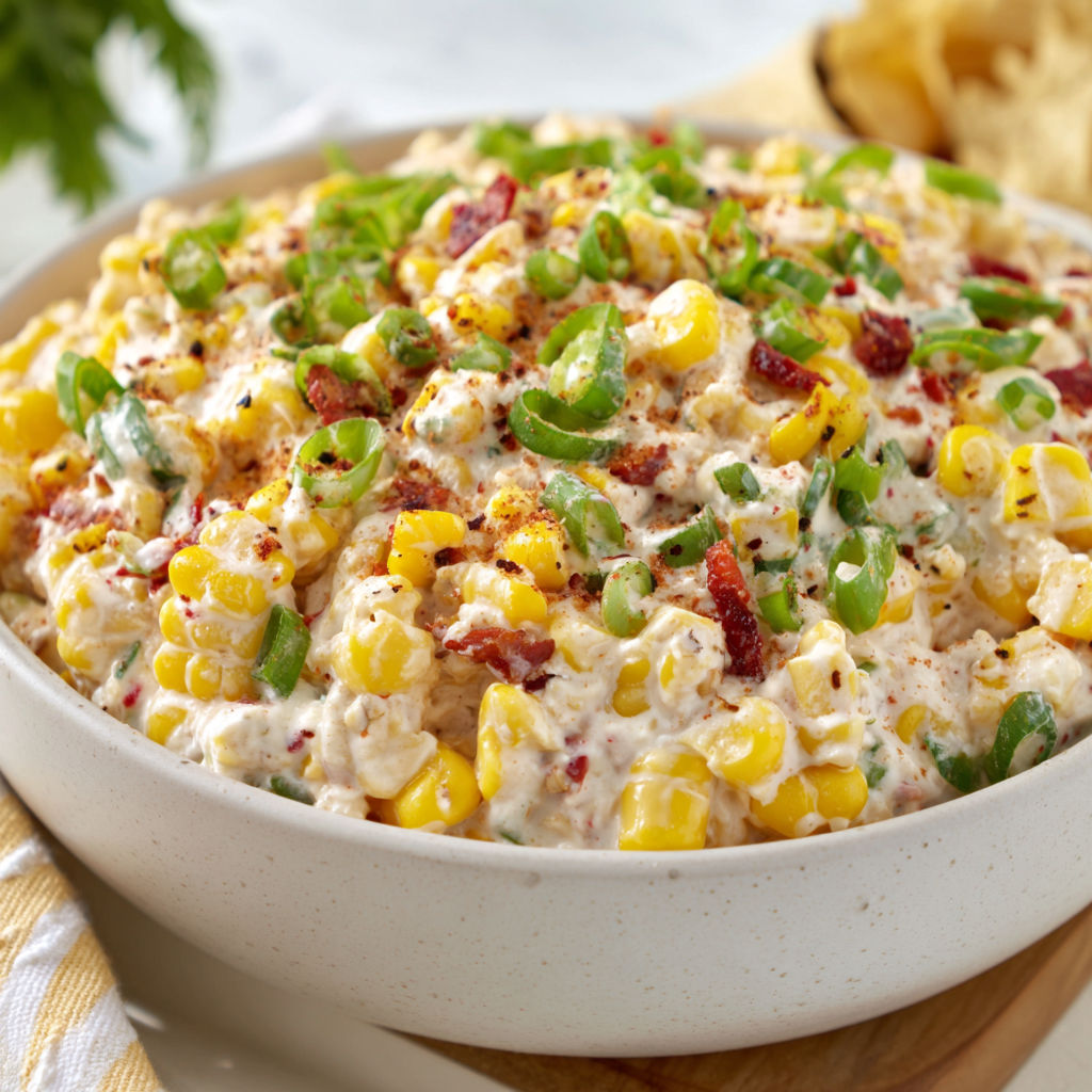 A bowl of Mexican street corn dip.