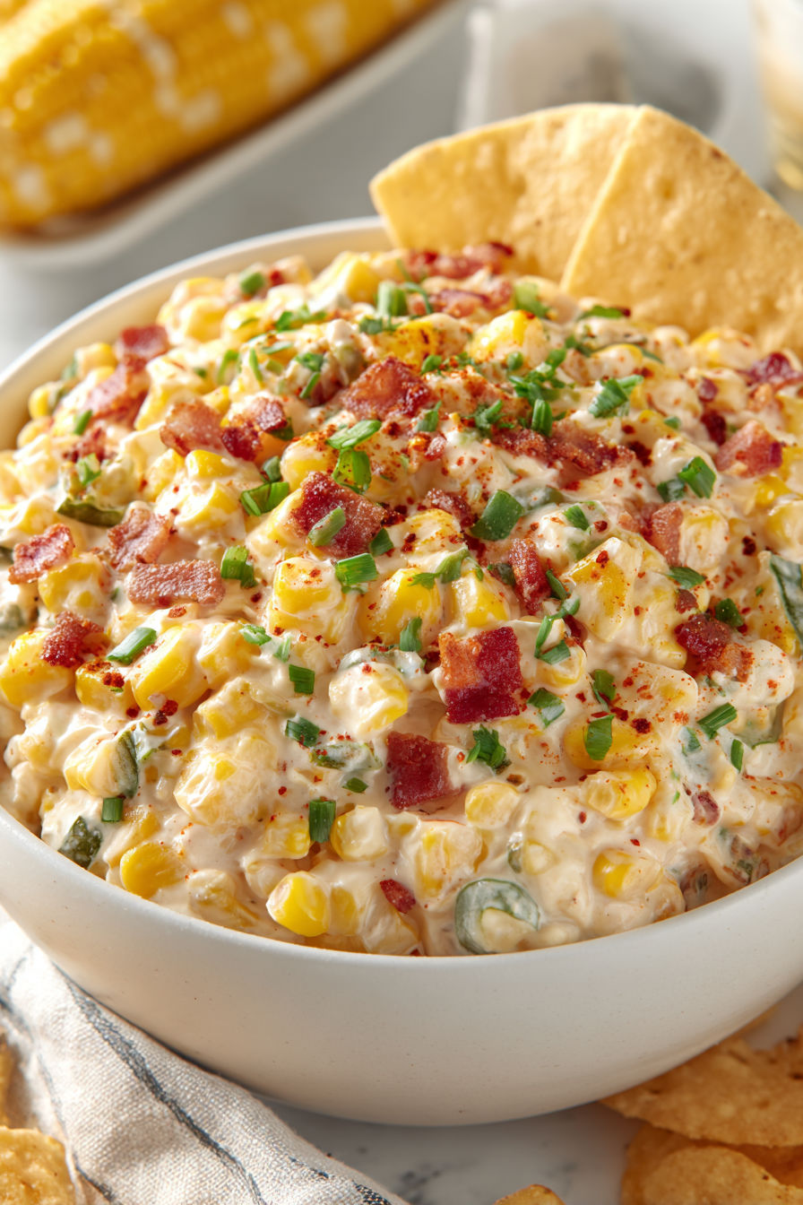 A bowl of Mexican street corn dip.