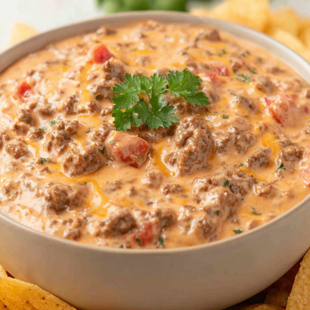 A bowl of cheese dip with a green garnish.