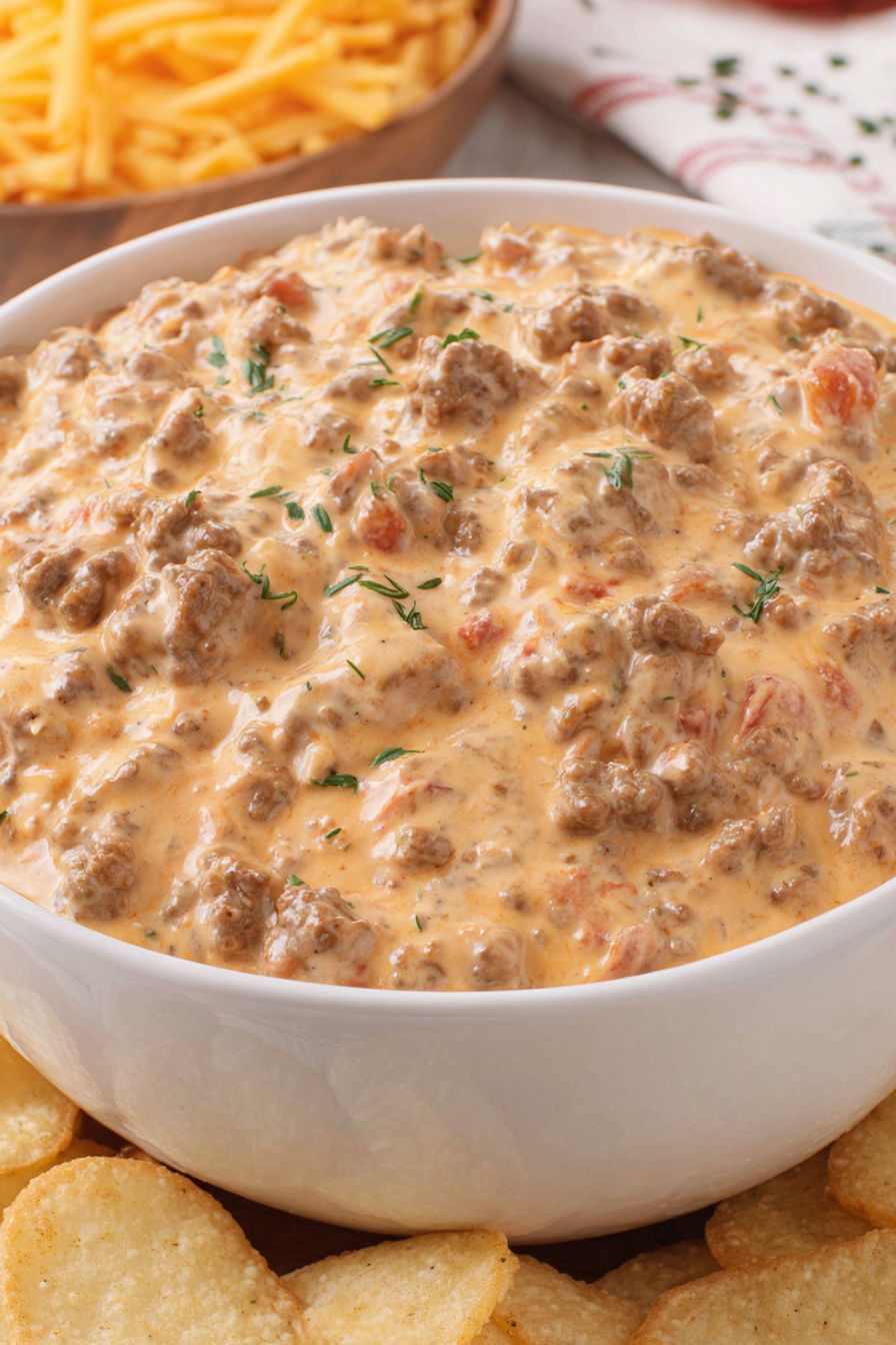 A bowl of beef and tomato soup.