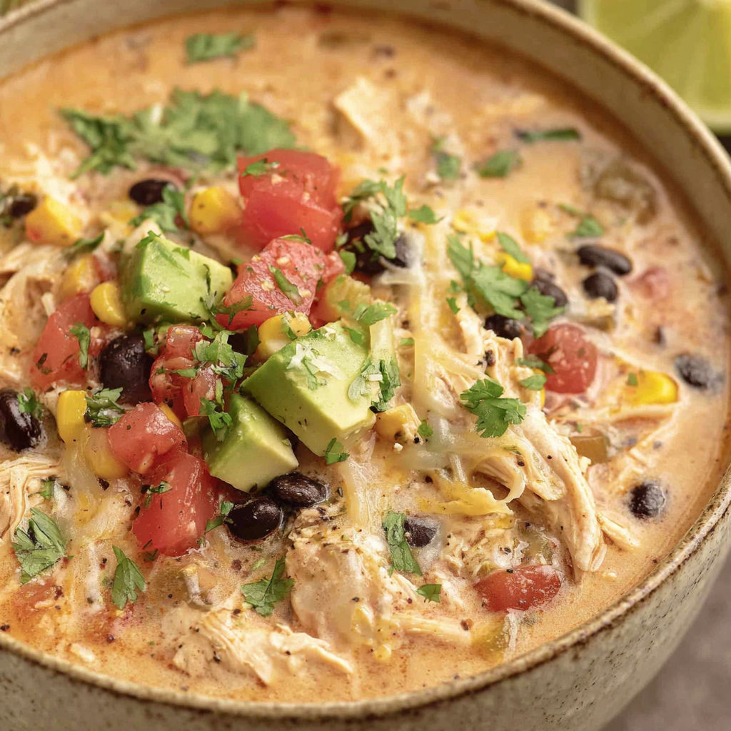 A bowl of chicken tortilla soup with tomatoes, corn, and avocado.
